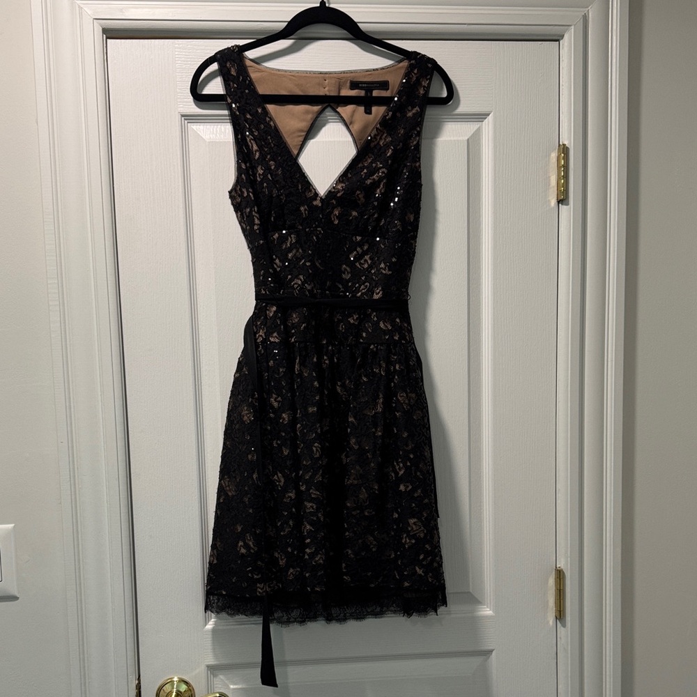 BCBGMaxAzria Black and Tan Backless Lace Dress